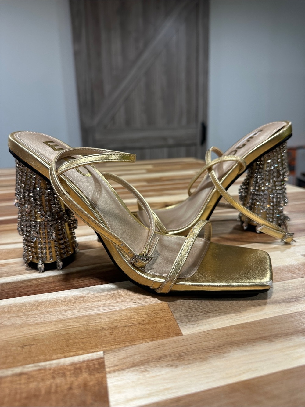 EGO Gold Strappy Heeled Sandals with Crystal Fringe Block Heel 466
